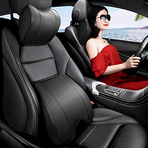 Memory Foam PU Leather Lumbar Pillow - Car Middle/Lower Back Support Pillow - Suitable for Car Seats, Office Chairs, Recliners, etc. (Black) - color: Black