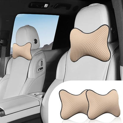ZIMISI 2PCS Car Headrest Pillow, Breathable Leather Car Neck Pillow, Soft Cloud Silk Cotton Neck Support Relief Cushion, Comfortable Automotive Seat Head Rest Pad for Driving Fatigue Relief (Beige) - color: Beige