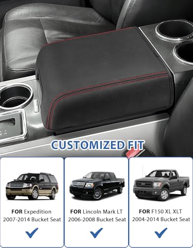 Center Console Cover for Ford F150 XL XLT 2004-2014, Expedition 2007-2014, Lincoln Mark LT 2006-2008, PU Leather Middle Armrest Cusion Protector, Bucket Seat Only, Anti-Scratch, Black Red Stitching - size: Bucket Seat, 04-14 F150 XL XLT, red stitch