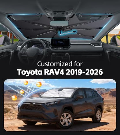 Windshield Sun Shade for Toyota RAV4 2019-2026 with 360° Rotating Shaft, Custom Fit Umbrella Sunshade for UV Blocking, Interior Heat Protection, Easy Storage - size: Fit for Toyota RAV4 2019-2026