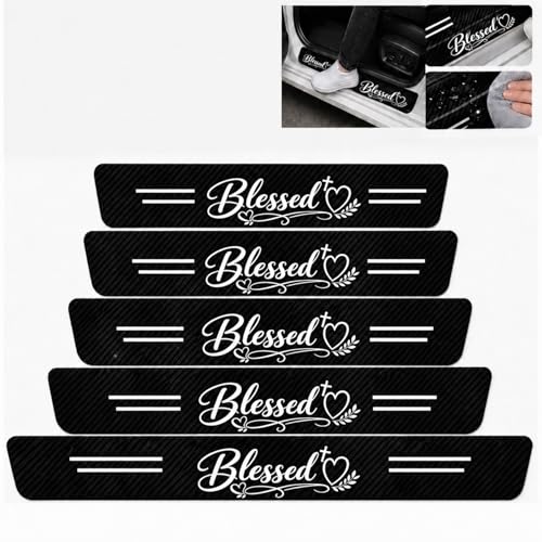 5PCS Blessed Car Door Sill Protector, Carbon Fiber Leather Door Sill Sticker, Anti-Scratch Scuff Plate Sticker for All Car Models, Inspirational Car Accessories Decor, Blessed Gifts for Men Women - color: Blessed