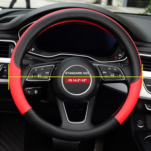 LABBYWAY Steering Wheel Cover, Universal Fit 15 Inch Microfiber Leather Car Wheel Protector, Anti-Slip, Red - color: black&red