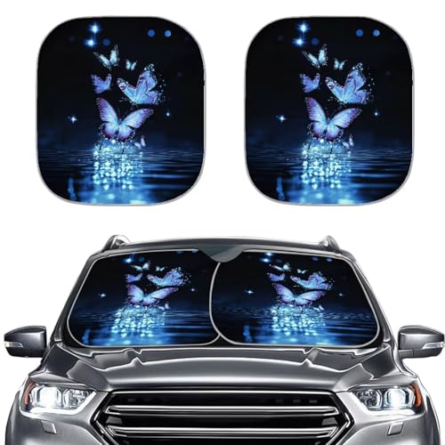 2-Piece Car Windshield Sun Shade for Women Butterfly Car Front Window Decor Cover Sun Reflector Blocks UV Sun and Heat, Universal Fit Most Cars SUV Truck Sedan - color: Butterflies Black