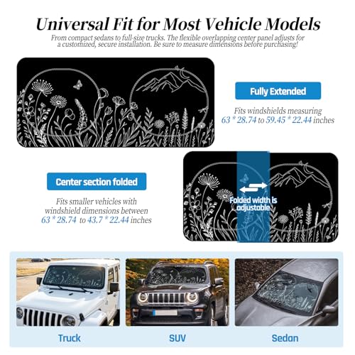 63"x28.5" Car Windshield Sun Shade with Storage Pouch, Stylish Printed Front Window Sunshade with Double Ring Frame, Universal Fit Foldable Heat Blocker & UV Protector for SUV, Sedan (Line Plants) - color: Line Plants