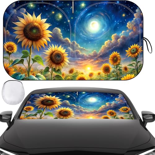 Windshield Sun Shade, Car Sun Shade Windshield, Reflector Sunshade Offers Ultimate Protection for Car Interior, Reflective Polyester Blocks Heat for Sedans, Mini SUVs, Hatchbacks - 57 x 31.5 inches - color: Blue - Sunflower, 57"x31.5"