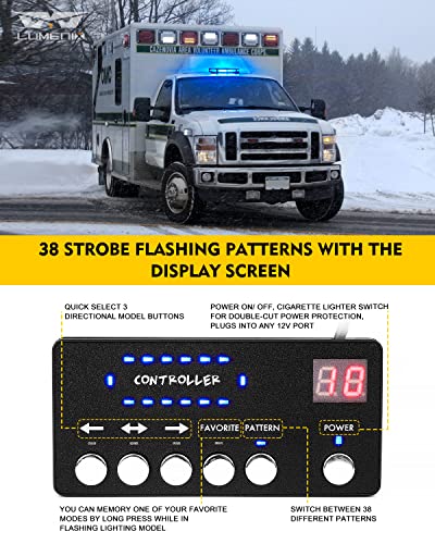 LUMENIX 42 LED Roof Top Strobe Beacon Light Bar Hazard Warning Emergency Flashing Police Cop Lights with Controller for First Responders Volunteer Firefighter POV Vehicles Trucks Blue (Patent Design) - color: Blue