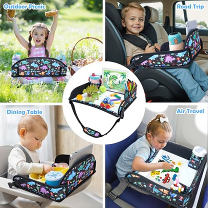 2Pcs Kids Travel Tray for Toddler Carseat, Road Trip Activities Essentials for Toddler, Kids Lap Desk Tray with Tablet Holder Stand ＆ Dry Erase Board (Dinosaur-2Pcs) - color: Dinosaur-2Pcs