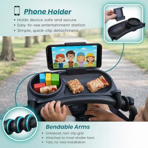 Universal Stroller Snack Tray | Stroller Cup Holder | Silicone Flexible Arms Grip Stroller Bumper Bar Stays in Place Stroller Tray Attachment (2-Pack Snack Tray with Phone Holder Black) - color: 2-Pack Snack Tray With Phone Holder Black