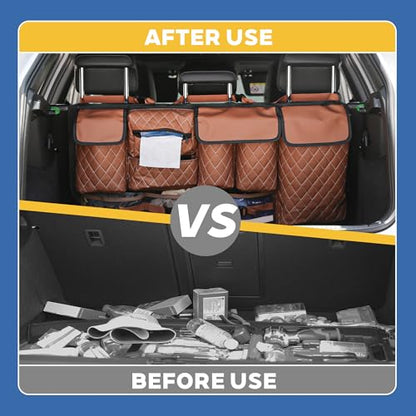 Backseat Hanging Organizer with Large Storage Bags | PU Leather, Large Capacity | Adjustable Straps, Waterproof & Collapsible | Universal Fit for SUVs, Sedans & Trucks | Brown, 37.8" x 18.1" - P810 - color: Leather-Brown