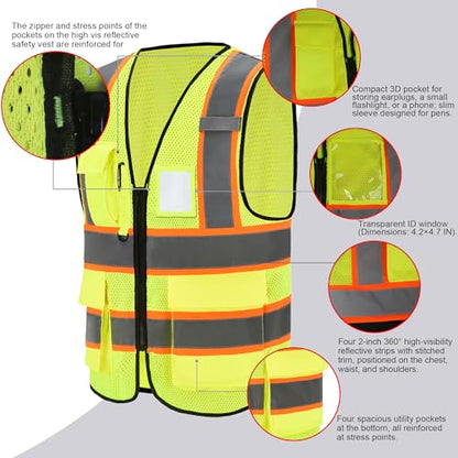 A-SAFETY Mesh High Vis Vest Lightweight Reflective Construction Vest with Pockets Safety Vest for Men/Women - color: Yellow, size: Medium