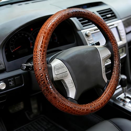 15 Inch Leather Steering Wheel Cover Crocodile Pattern - Four Seasons Universal Anti-Slip Durable Smooth Texture Hand-Made, Easy to Grip & Install Sport Handle for Men Auto Interior Accessory (Brown) - color: Brown