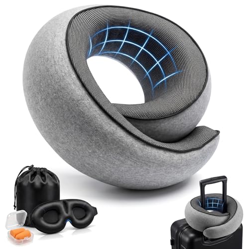 Memory Foam Neck Travel Pillow – 360° Adjustable Support, Breathable Washable Cover, Eye Mask & Earplugs, Carry Bag – Compact Airplane Pillow for Plane/Car/Train/Office (Grey)