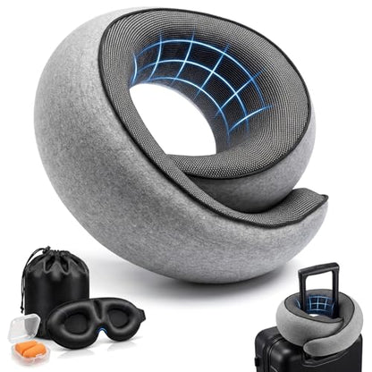 Memory Foam Neck Travel Pillow – 360° Adjustable Support, Breathable Washable Cover, Eye Mask & Earplugs, Carry Bag – Compact Airplane Pillow for Plane/Car/Train/Office (Grey)