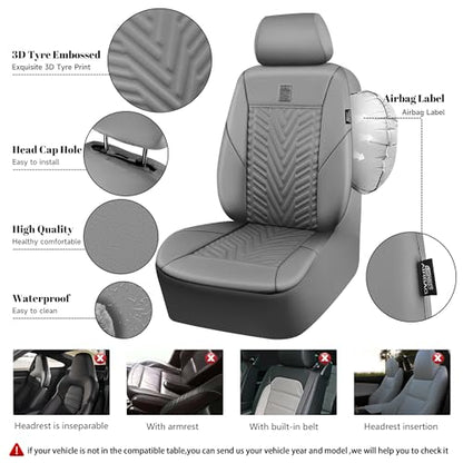 CAR PASS Faux Leather Car Seat Covers, 3D Tyre Embossed Waterproof Universal Fit 5 Seat Covers for SUV, Automotive Truck, Scratch Proof, Airbag Compatible (Deluxe Full Set, All Gray) - color: All Gray