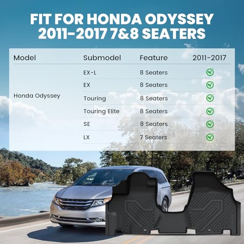 LASFIT Floor Mats for Honda Odyssey 2011-2017 (Fit 7& 8 Seaters) Mini Passenger Van, All Weather Custom Fit TPE Car Floor Liners, 1st & 2nd & 3rd Row, Black (EX-L/EX/Touring/Touring Elite/SE/LX) - style: 4）For Honda Odyssey | 2011-2017 | 1st & 2nd & 3rd