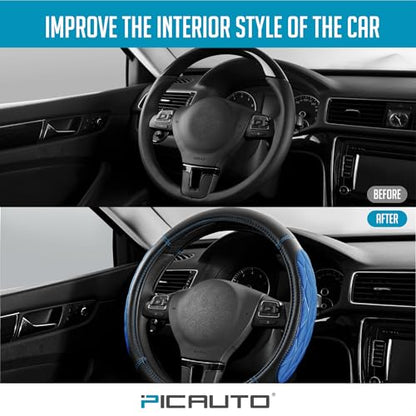 PIC AUTO Steering Wheel Cover, Blue Thick Rhombic Foam and Premium Leather, Universal 14.5-15.5 Inch Breathable Anti-Slip Steering Wheels Accessories for Men & Women - color: Blue