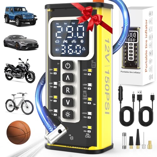 Portable Tire Inflator Air Compressor for Car Tires – Cordless Air Pump with Digital Pressure Gauge, LED Light & Auto Shut-Off – for Motorcycle, Bicycle, Sports Balls & More