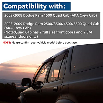 4pcs Front+Rear Smoke Sun/Rain Guard Outside Mount Tape-On Window Visors Compatible with 02-08 Ram 1500 03-09 2500/3500/4500/5500 Quad/Crew Cab - size: for 2002-2009 Dodge Ram 1500 Quad Cab