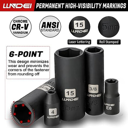 LLNDEI 1/4 inch Drive Impact Socket Set 83 Piece,Standard SAE(5/32-9/16 inch) Metric Size(4-15mm),72T Ratchet Wrench Handle,CR-V Mechanics Tool Set with Adapter,Screwdriver Bits for Automotive Repair - size: 83-Piece 1/4" Drive Impact Socket Set