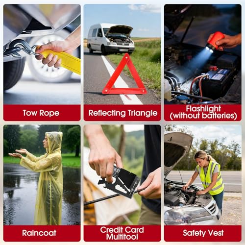 Roadside Car Emergency Kit, Winter Car Safety Kit with 10FT Jumper Cables, Tow Strap, Tool Kit, Reflective Warning Triangle, Road Trip Essentials, for New Drivers, Teens - color: Red, size: Essential Kit + Repair Tool Set