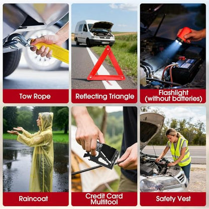 Roadside Car Emergency Kit, Winter Car Safety Kit with 10FT Jumper Cables, Tow Strap, Tool Kit, Reflective Warning Triangle, Road Trip Essentials, for New Drivers, Teens - color: Red, size: Essential Kit + Repair Tool Set