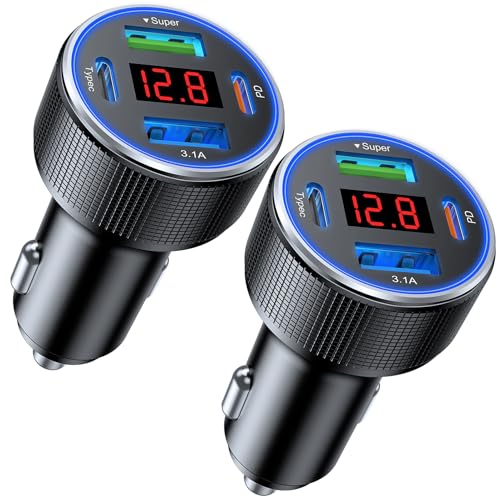 USB Car Charger, 2 Pack Cigarette Lighter USB Charger Aluminum Alloy Fast Charging Car Charger Adapter with Voltage Display Type C Car Accessories for iPhone 17 16 Samsung Galaxy Google iPad Android - color: Black-2Pcs