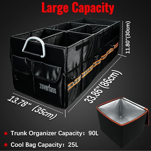 Car Trunk Organizer with Cooler Bag, 90L Portable Trunk Cargo Organizer for SUV Truck Sedan, 3 Compartments Collapsible Car Storage Box with Lid, 4 Removable Dividers