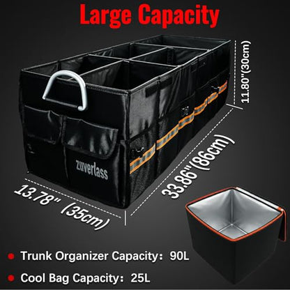 Car Trunk Organizer with Cooler Bag, 90L Portable Trunk Cargo Organizer for SUV Truck Sedan, 3 Compartments Collapsible Car Storage Box with Lid, 4 Removable Dividers
