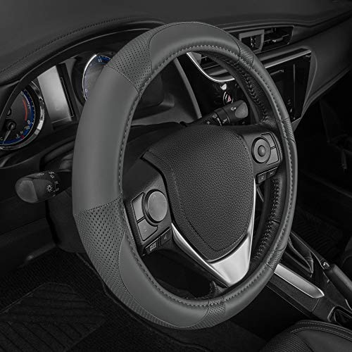 Motor Trend Perforated Microfiber Leather Steering Wheel Cover for Cars Trucks SUVs Vans, Sporty Racing Improved Grip Anti-Fatigue Ergonomic Design, Airbag Compatible - Fits Standard 15" Inch - Gray