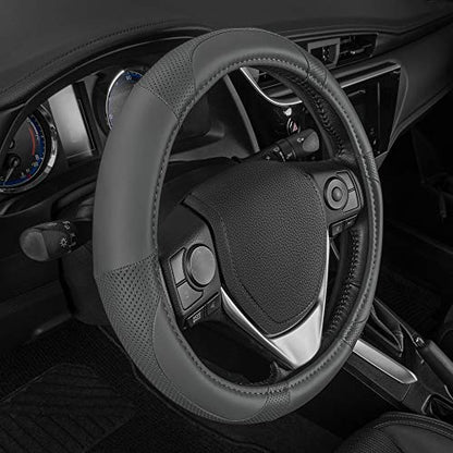 Motor Trend Perforated Microfiber Leather Steering Wheel Cover for Cars Trucks SUVs Vans, Sporty Racing Improved Grip Anti-Fatigue Ergonomic Design, Airbag Compatible - Fits Standard 15" Inch - Gray