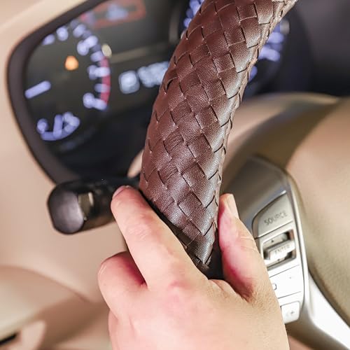 Carwales Elegant Men Steering Wheel Cover Leather for Car Hand-Made Wheel Wrap Hand Woven Universal 14.5-15 Inch Brown - color: Brown