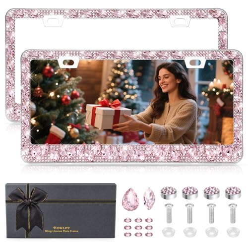 OKLPF Rhinestone Bling License Plate Frames for Women - Sparkle with Glitter Crystals & Diamond Bedazzled License Plate Cover, Fits Standard US Plates, Comes with Anti-Theft Screws & Gift Box(Pink) - color: Pink, size: 2pc