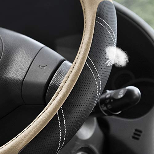 Elantrip Steering Wheel Cover Leather 15 1/2 to 16 inch Universal Large Soft Grip Breathable for Car Truck SUV Jeep Anti Slip Beige - color: Black and Beige, size: 15 1/2 - 16 Inch
