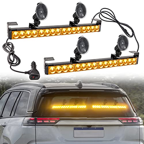 Amber 2 in 1 Emergency Strobe Light Bar 21 Flash Patterns Yellow Traffic Advisor Warning Hazard Windshield Safety Lights Bar with Cigar Lighter for Police Vehicles, Truck (2×16.8 inch, 32 Led) - color: Amber