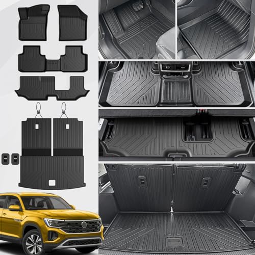 Floor Mats Set for 2018-2025 2026 Volkswagen VW Atlas 7 Seats Bench Seating Car Mat Accessories(Not Fit Cross Sport), All Weather TPE Cargo Liner Trunk Mat(Floor Mats+2-in-1 Cargo Mat) - style: Floor Mats+2-in-1 Cargo Mat