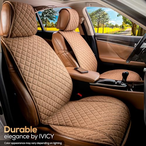 IVICY Faux Linen Front Car Seat Cover – Durable, Non-Slip Seat Protector for Cars – 1 Unit, Light Brown - color: BROWN HYB LN