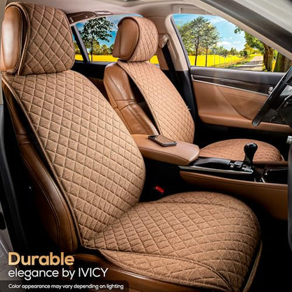 IVICY Faux Linen Front Car Seat Cover – Durable, Non-Slip Seat Protector for Cars – 1 Unit, Light Brown - color: BROWN HYB LN