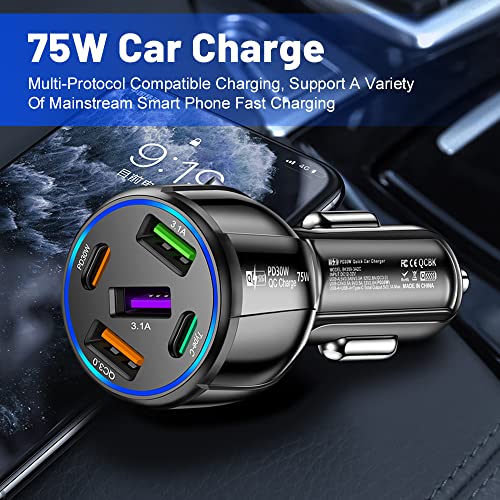 75W Ultra-Fast Car Charger, 30W/QC3.0/Type C 5-Port Smart Shunt 12 Volt Car Adapter Cigarette Lighter USB Charger Compatible with iPhone 14 Pro MAX/13,MacBook Pro,iPad Pro (3USB+2PDBlack)