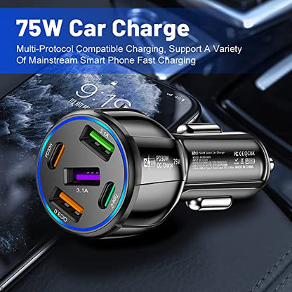 75W Ultra-Fast Car Charger, 30W/QC3.0/Type C 5-Port Smart Shunt 12 Volt Car Adapter Cigarette Lighter USB Charger Compatible with iPhone 14 Pro MAX/13,MacBook Pro,iPad Pro (3USB+2PDBlack)