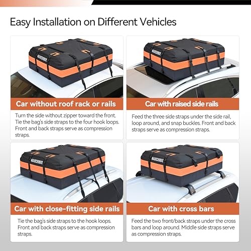 MARCHWAY Waterproof Car Roof Luggage Bag, Weatherproof Soft Shell Rooftop Cargo Carrier Bag for Vehicles with or Without Rack. 6 Door Hooks, Anti Slip Mat, Lock Included (15 Cubic Feet, Orange) - size: 15 Cubic Feet, Orange