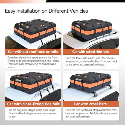 MARCHWAY Waterproof Car Roof Luggage Bag, Weatherproof Soft Shell Rooftop Cargo Carrier Bag for Vehicles with or Without Rack. 6 Door Hooks, Anti Slip Mat, Lock Included (15 Cubic Feet, Orange) - size: 15 Cubic Feet, Orange
