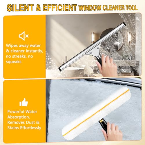 Window Cleaning Squeegee Kit- 14" Squeegee & Microfiber Rotatable Window Scrubber,All-Purpose Tile Shower Walls Window Glass Car Windshield Mirrors,Reusable Microfiber Sleeve