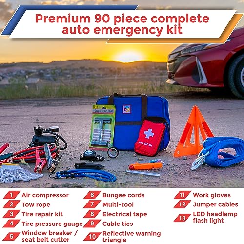 Car Emergency Kit with Air Compressor, Jumper Cables, First Aid, Tow Strap, Tire Gauge, Headlamp – Roadside Safety Kit for Women, Men, Teens - color: Blue