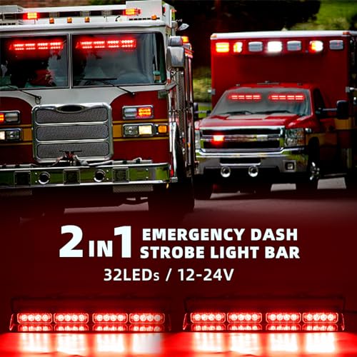 2 in 1 LED Emergency Dash Strobe Light Bar Front/Rear Windshield Safety Flashing Warning Hazard Interior Lights for Police Firefighter Construction Vehicles Trucks (2x14 inch, Red/Red) - color: #08 Red/Red