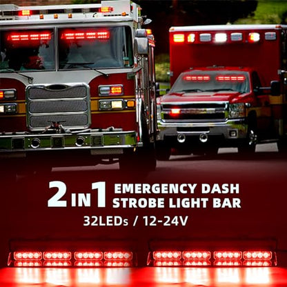 2 in 1 LED Emergency Dash Strobe Light Bar Front/Rear Windshield Safety Flashing Warning Hazard Interior Lights for Police Firefighter Construction Vehicles Trucks (2x14 inch, Red/Red) - color: #08 Red/Red