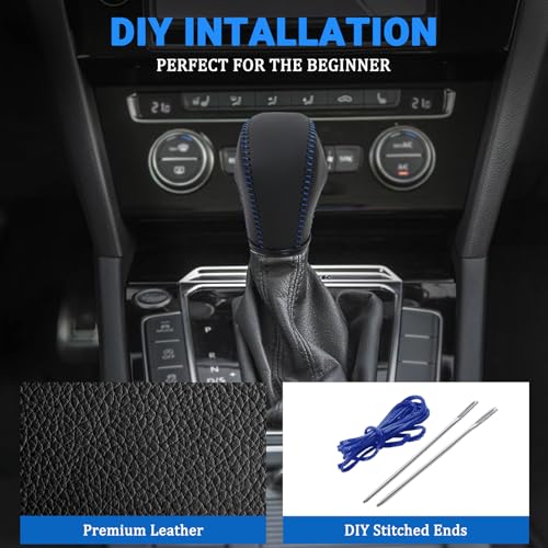 Leather Gear Shift Knob Cover Compatible with Volkswagen Atlas丨 Beetle丨 Golf丨 Passat丨 Jetta 丨 Tiguan 2011-2021 Black Leather with Blue Stitches Shifter Knob Cover - Black&Blue - color: Blue&Black