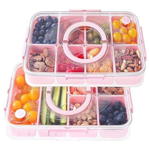 LUXEAR 2Pack 8-Compartment Divided Serving Tray with Lid and Handle - Airtight Leakproof Snackle Box Charcuterie Container for Fridge, Picnic, Party, Travel - BPA-Free Dishwasher Safe(Pink) - size: 2pack Pink