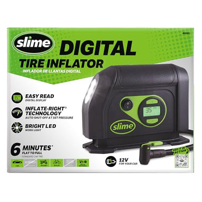 Slime 40088 Tire Inflator, Portable Car Air Compressor, Inflate Right automatic shut off, with Digital 99 psi Display, Long Hose and LED Light, 12V, 6 min inflation - style: Digital