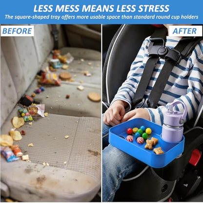 Car Seat Snack Tray for Toddlers, Reduces Mess Square Travel Tray Cup Holder Snack Tray, Durable Car Food Tray for Kids, Universal Fit Kids Travel Road Trip Essentials (Blue) - color: Blue