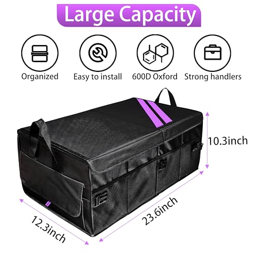 YOSRTER for Dodge Charger Durango Challenger Ram Car Trunk Organizer Collapsible Storage Box with Handle Foldable Lid Non Slip Bottom Sturdy Base Panel 2 Compartment Purple Trim - color: Purple Trim